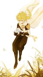 Rule 34 | 1boy, aether (genshin impact), ahoge, arm armor, armor, baggy pants, blonde hair, boots, braid, brown footwear, brown gloves, brown pants, brown shirt, closed mouth, day, earrings, flower, flying, genshin impact, gloves, gold trim, grass, hair between eyes, hair flower, hair ornament, half-closed eyes, hands up, highres, inteyvat flower (genshin impact), jewelry, long hair, looking at object, looking down, male focus, orange eyes, outdoors, pants, scarf, shirt, short sleeves, shoulder armor, single earring, sky, solo, star (symbol), urubearu, white flower, white scarf, white sky