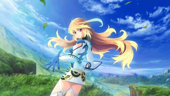 Rule 34 | 1girl, ahoge, artist request, blonde hair, blue gloves, blue sky, breasts, brown hair, cliff, closed mouth, cloud, commentary, cowboy shot, day, dyed ahoge, english commentary, from behind, game cg, gloves, gradient hair, grass, green hair, highres, large breasts, long hair, looking at viewer, milla maxwell, mountain, multicolored hair, official art, reaching, reaching towards viewer, red eyes, river, sky, smile, solo, tales of (series), tales of crestoria, tales of xillia, tales of xillia 2, third-party source, very long hair, wind