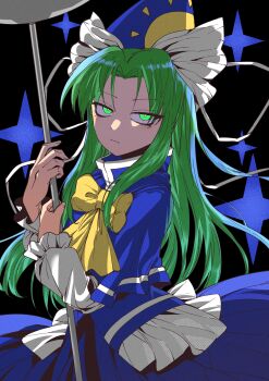 1girl absurdres blue_dress blue_hat bow bowtie commentary dress expressionless green_eyes green_hair grey_nagato hat highres long_hair looking_at_viewer mima_(touhou) print_hat solo sun_print touhou touhou_(pc-98) yellow_bow yellow_bowtie