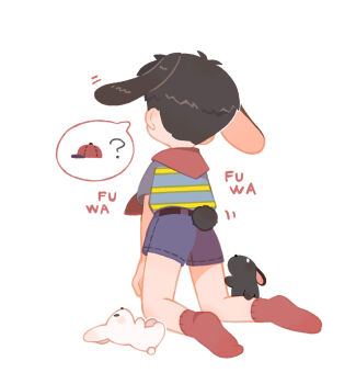 Rule 34 | 1boy, animal ears, black hair, blue shorts, commentary request, from behind, highres, kemonomimi mode, kneeling, lop rabbit ears, male focus, mother (series), mother 1, ninten, nintendo, rabbit ears, rabbit tail, red socks, shirt, short hair, short sleeves, shorts, simple background, socks, solo, speech bubble, spoken object, striped clothes, striped shirt, tail, tanba (tanba-art), white background, white rabbit (animal)