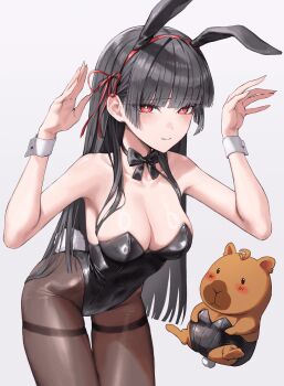 1girl absurdres alternate_costume animal_ear_hairband animal_ears bare_shoulders black_hair black_leotard black_pantyhose blush breasts bright_pupils chisa_(wuthering_waves) closed_mouth commentary fake_animal_ears hair_ribbon hairband hand_up highres kin_(wdng_25) large_breasts leotard long_hair looking_at_viewer mole mole_under_eye namipon_(wuthering_waves) pantyhose playboy_bunny rabbit_ear_hairband rabbit_ears red_eyes red_ribbon ribbon thighs very_long_hair white_pupils wuthering_waves