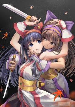 2girls ainu_clothes armpits arms_up artist_name autumn_leaves behind_another bilingual_commentary black_hair blue_eyes bluesky_username bow breasts bridal_gauntlets brown_eyes brown_hair cheek-to-cheek closed_mouth commentary cowboy_shot dargain_x dual_persona falling_leaves fingerless_gloves gloves hair_bow hair_ribbon hairband hand_on_another's_cheek hand_on_another's_face hand_on_another's_head heads_together highres holding holding_knife knife leaf light_particles long_hair looking_at_another medium_breasts mixed-language_commentary multiple_girls murasaki_nakoruru nakoruru open_mouth purple_bow purple_hairband red_bow red_hairband ribbon samurai_spirits sash sheath smile snk standing twitter_username unsheathed white_bridal_gauntlets yellow_sash