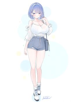 Rule 34 | 1girl, absurdres, adjusting hair, alternate costume, azur lane, bag, bare legs, blue bag, blue eyes, blue hair, boots, breasts, casual, chapayev (azur lane), collarbone, commentary request, denim, denim shorts, dress, earrings, full body, hairband, hand up, handbag, highres, jewelry, lace-up boots, large breasts, livetarica, mole, mole on breast, puffy short sleeves, puffy sleeves, short hair, short sleeves, shorts, signature, simple background, smile, solo, spaghetti strap, standing, white background, white boots, white dress, white hairband