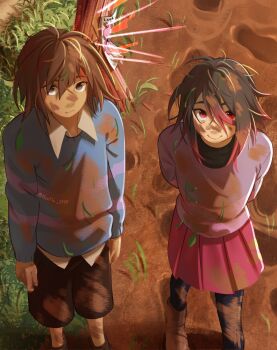 bete_noire blue_shirt boots brown_hair brown_pants clothes frisk_(undertale) glitchtale grass grey_eyes highres knife mud pants pink_eyes pink_hair pink_shirt purple_shirt red_skirt shirt short_hair skirt tree undertale utdr_(toby_fox)