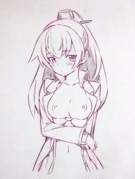 1girl bad_id bad_twitter_id blush bra bra_pull breasts breasts_out character_request clothes_pull copyright_request cropped_torso hatching_(texture) highres inactive_account kantai_collection kumano_(kancolle) looking_at_viewer medium_breasts monochrome navel nipples open_clothes open_shirt ponytail sketch solo traditional_media tsukareta_san underwear upper_body