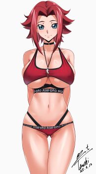 1girl arms_behind_back black_choker blue_eyes blush breasts choker closed_mouth code_geass collarbone commission covered_erect_nipples gluteal_fold hair_intakes highres jewelry kouzuki_kallen looking_at_viewer navel necklace panties pixiv_commission red_hair red_panties red_sports_bra shiny_skin short_hair signature simple_background skindentation smile solo sports_bra stomach underboob underwear white_background yoo_tenchi