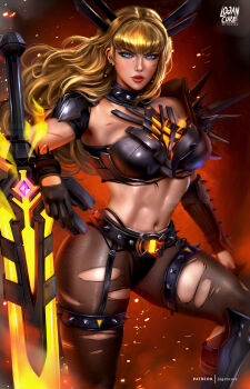 1girl absurdres artist_name belt black_belt black_gloves blonde_hair blue_eyes breasts closed_mouth collar earrings fire gloves highres injury jewelry lips logan_cure long_hair magik_(x-men) marvel marvel_rivals midriff navel pantyhose patreon_username solo spiked_belt spiked_collar spikes sweat sword torn_clothes torn_pantyhose watermark weapon
