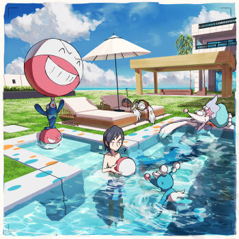 1boy ? ball beachball black_hair blue_swim_trunks brionne building closed_mouth cloud collarbone commentary_request dartrix day electrode_(pokemon) elio_(pokemon) gen_1_pokemon gen_7_pokemon grass highres holding holding_ball holding_beachball how_long male_focus medium_hair nintendo outdoors pokemon pokemon_(creature) pokemon_sm pool popplio primarina ripples rowlet sky topless_male voltorb water