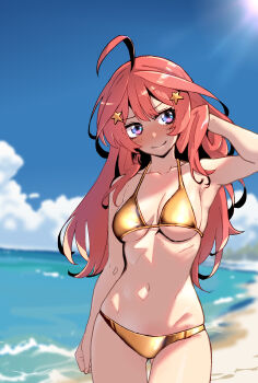 1girl adjusting_hair ahoge alternate_costume arm_at_side armpits backlighting bikini blue_eyes blue_sky blurry blurry_background blush breasts breasts_apart closed_mouth cloud collarbone commentary_request cowboy_shot day double-parted_bangs gluteal_fold go-toubun_no_hanayome gold_bikini hair_between_eyes hair_ornament halterneck hand_in_own_hair hand_up highres large_breasts long_hair looking_at_viewer mengnaidu nakano_itsuki navel nose_blush ocean outdoors red_hair sidelocks skindentation sky smile solo star_(symbol) star_hair_ornament stomach sunlight swimsuit thigh_gap underboob v-shaped_eyebrows