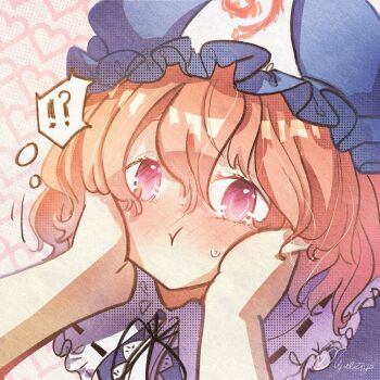 !? 1girl artist_name black_ribbon blue_dress blue_hat blush collared_dress commentary_request dotted_background dress embarrassed hair_between_eyes hands_on_another&#039;s_cheeks hands_on_another&#039;s_face hat heart heart_background highres looking_at_viewer medium_hair mob_cap neck_ribbon nywerya pink_background pink_eyes pink_hair portrait pov pov_hands ribbon saigyouji_yuyuko signature solo speech_bubble squishing sweatdrop thought_bubble touhou triangular_headpiece two-tone_background white_background