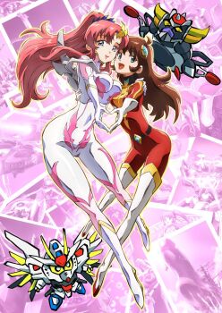 2girls belt blue_eyes bodysuit breasts brown_hair creator_connection gloves grendizer grendizer_(grendizer_u) grendizer_u gundam gundam_seed gundam_seed_freedom hair_ornament heart heart_hands highres holding horns huge_horns lacus_clyne long_hair looking_at_viewer maria_grace_fleed mazinger_(series) mecha mecha_pilot_suit mechanical_wings mighty_strike_freedom_gundam mobile_suit multicolored_bodysuit multiple_girls open_mouth pink_hair ponytail red_bodysuit robot science_fiction smile super_robot taiga_hiroyuki ufo_robo_grendizer v-fin very_long_hair wings yellow_eyes