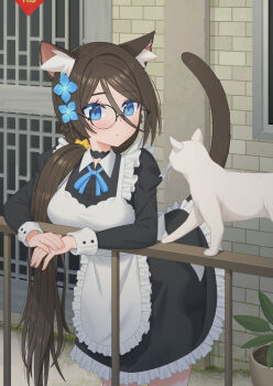 Rule 34 | 1girl, absurdres, against railing, aina (mao lian), animal ear fluff, animal ears, apron, black dress, blue eyes, blue ribbon, blush, breasts, brown hair, cat, cat ears, cat girl, cat tail, commentary request, cowboy shot, dress, flower, hair between eyes, hair flower, hair ornament, highres, large breasts, lifted by tail, long hair, maid, maid apron, mao lian (nekokao), neck ribbon, original, outdoors, over-rim eyewear, plant, ponytail, potted plant, railing, ribbon, semi-rimless eyewear, short dress, tail, tail raised