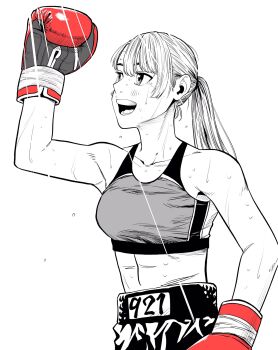1girl abs arm_up boxing boxing_gloves boxing_shorts breasts commentary_request eyebrows_hidden_by_hair gloves greyscale highres lee_(dragon_garou) light_rays medium_breasts monochrome mouth_guard open_mouth original ponytail red_gloves shorts smile solo sports_bra spot_color sweat upper_body
