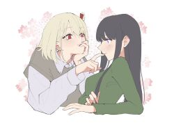 Rule 34 | 2girls, black hair, black nails, blonde hair, blush, breasts, collared shirt, commentary, earrings, finger to another&#039;s mouth, flower, green shirt, grey shirt, grey sweater vest, hand on own face, highres, inoue takina, jewelry, long hair, long sleeves, looking at another, lycoris recoil, medium breasts, medium hair, multiple girls, nishikigi chisato, pink flower, red eyes, shiratama draw, shirt, smile, sweater vest, symbol-only commentary, upper body, yuri