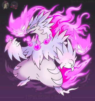 albrt-wlson alternate_color aqua_sclera character_name claws colored_sclera commentary english_commentary fangs fire full_body fusion gen_1_pokemon gengar haunter highres hisuian_typhlosion instagram_username mega_gengar mega_pokemon nintendo no_humans official_art_inset open_mouth pink_fire pokemon pokemon_(creature) pokemon_focus reference_inset shiny_pokemon smile white_eyes