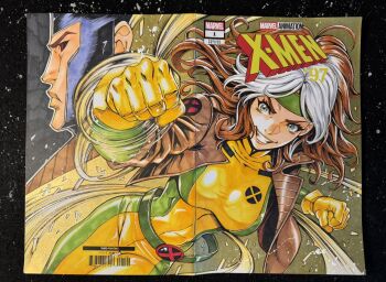 1boy 1girl barcode belt black_sclera blue_eyes bodysuit brown_hair brown_jacket clenched_hand colored_sclera copyright_logo copyright_name cover_sketch covered_navel cropped_jacket english_text gambit gloves godtail green_belt green_bodysuit green_headband grin hashtag-only_commentary headband highres jacket logo long_hair marvel multicolored_bodysuit multicolored_hair profile red_eyes rogue_(x-men) smile superhero_costume traditional_media two-tone_bodysuit white_hair x-men yellow_bodysuit yellow_gloves