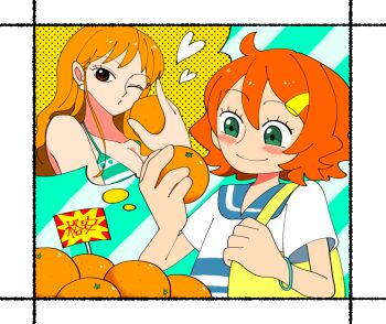 2girls bag bikini blush blush_stickers bracelet brown_eyes closed_mouth commentary_request earrings food fruit green_bikini green_eyes hair_ornament hairclip heart holding holding_food holding_fruit jewelry long_hair mandarin_orange multiple_girls nami's_fangirl nami_(one_piece) one_eye_closed one_piece one_piece_fan_letter orange_hair pearl_earrings shirt short_hair short_sleeves shoulder_bag smile speech_bubble swimsuit thought_bubble upper_body white_shirt x_andy