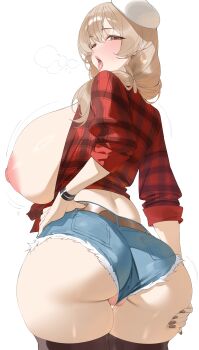 1girl absurdres alternate_costume belt black_nails black_thighhighs blonde_hair blue_shorts bready_(nikke) breasts breasts_out brown_belt brown_eyes byeon_dha commentary denim denim_shorts english_commentary goddess_of_victory:_nikke hat highres large_breasts long_hair long_sleeves looking_back nail_polish nipples open_clothes open_shirt partially_visible_vulva plaid_clothes plaid_shirt shirt shorts simple_background sleeves_rolled_up thighhighs tongue tongue_out white_background white_hat