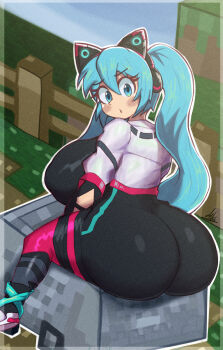 1girl :o alternate_ass_size alternate_breast_size_(larger) aqua_eyes aqua_hair ass black_bodysuit bodysuit crossover day fence grass hatsune_miku highres jacket long_hair looking_at_viewer mikael miks381 minecart minecraft outdoors riding sitting sky tagme twintails vocaloid white_jacket wooden_fence
