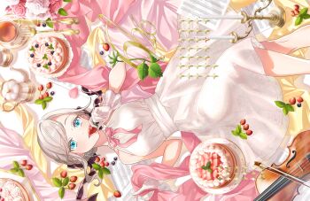 1girl bare_shoulders blue_eyes blueberry bow_(music) breasts cake candelabra candle candlestand ceras_yanagida_lilienfeld ceras_yanagida_lilienfeld_(16th_birthday) cup dated dress feet_out_of_frame flower food fork frilled_gloves frills fruit game_cg gloves grey_hair highres holding holding_food holding_fruit instrument large_breasts link!_like!_love_live! looking_at_viewer love_live! medium_dress non-web_source official_alternate_costume official_art parted_lips pink_flower pink_rose rose saucer sheet_music short_hair sidelocks sideways sleeveless sleeveless_dress solo strawberry table_knife teacup teapot violin virtual_youtuber white_dress white_flower white_gloves white_rose