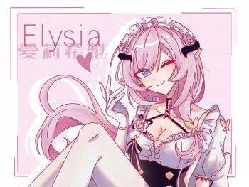 1girl ;) black_dress black_horns blue_eyes bozhidou79378 breasts butterfly_hair_ornament character_name chinese_commentary cleavage commentary_request dress elf elysia_(honkai_impact) elysia_(miss_pink)_(honkai_impact) elysia_(miss_pink_elf)_(honkai_impact) fake_horns hair_ornament heart highres honkai_(series) honkai_impact_3rd horns large_breasts long_hair looking_at_viewer maid maid_headdress official_alternate_costume one_eye_closed pink_background pink_hair pointy_ears puffy_short_sleeves puffy_sleeves short_sleeves smile solo thighhighs very_long_hair white_thighhighs