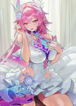 1girl alternate_breast_size_(larger) bare_shoulders blush breasts chinese_commentary chromatic_aberration commentary cyrene_(honkai:_star_rail) cyrene_(ripples_of_past_reverie)_(honkai:_star_rail) dress fingernails flower hair_flower hair_ornament hand_up highres honkai:_star_rail honkai_(series) indoors kan_qianhuilan large_breasts long_fingernails long_hair looking_at_viewer nail_polish open_mouth pink_eyes pink_hair pink_nails pointy_ears purple_flower purple_rose rose sidelocks sitting smile solo thighs very_long_hair white_dress