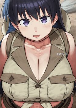Rule 34 | 1girl, absurdres, arato nagi, black hair, blush, breasts, cleavage, collarbone, commentary request, covered erect nipples, earrings, grey shirt, highres, huge breasts, jewelry, long hair, looking at viewer, maruko tooto, navel, open mouth, purple eyes, ruri no houseki, shirt, sleeveless, sleeveless shirt, smile, solo, stud earrings, tied shirt