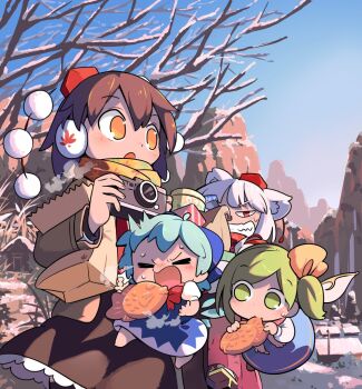 Rule 34 | 4girls, animal ears, bag, bare tree, black skirt, blue bow, blue dress, blue hair, bow, breath, brown jacket, cirno, clenched teeth, closed eyes, commentary, daiyousei, day, detached wings, dress, earmuffs, eating, facing viewer, fairy wings, flying, food, frilled skirt, frills, green eyes, green hair, grey hair, hair between eyes, hair bow, hat, holding, holding bag, holding food, ice, ice wings, inubashiri momiji, jacket, long sleeves, moyazou (kitaguni moyashi seizoujo), multiple girls, one side up, open mouth, outdoors, paper bag, pinafore dress, pom pom (clothes), red eyes, red hat, red scarf, scarf, shameimaru aya, skirt, sleeveless, sleeveless dress, sweat, taiyaki, teeth, tokin hat, touhou, tree, untranslatable commentary, wagashi, wings, wolf ears, wolf girl, yellow eyes, yellow scarf