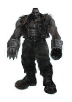 1boy absurdres barret_wallace beard belt belt_buckle black_gloves black_hair boots brown_boots brown_vest buckle dark-skinned_male dark_skin dog_tags earrings facial_hair facial_mark final_fantasy final_fantasy_vii full_body gloves gobli_prin green_pants highres jewelry male_focus pants prosthetic_weapon short_hair single_earring solo standing very_short_hair vest white_background