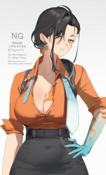 1girl belt black_belt black_hair blue_eyes blush breasts cleavage collarbone collared_shirt commentary covered_navel dagmellv earrings english_commentary eyelashes genderswap genderswap_(mtf) gradient_skin grey_background hair_over_shoulder hand_on_own_hip high-waist_skirt holostars holostars_english jewelry josuiji_shinri large_breasts long_hair looking_at_viewer loose_necktie narrow_waist necktie office_lady orange_shirt partially_unbuttoned pencil_skirt shirt skirt smile solo tassel tassel_earrings upper_body virtual_youtuber watermark