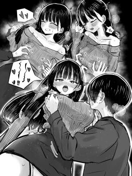 1boy 1girl bare_shoulders blush boku_no_kokoro_no_yabai_yatsu breasts clenched_teeth closed_mouth collarbone grabbing_another&#039;s_breast greyscale groping hetero highres ichikawa_kyoutarou large_breasts long_hair long_sleeves m2bou miniskirt mole mole_on_neck monochrome multiple_views nipple_stimulation nipple_tweak off-shoulder_sweater off_shoulder open_mouth panties pencil_skirt short_hair skirt sweater teeth underwear yamada_anna