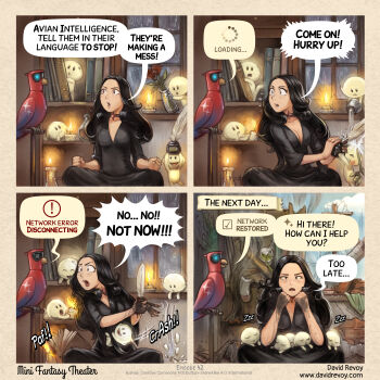 Rule 34 | 1girl, 6+others, absurdres, bird, black choker, black hair, black robe, book, bookshelf, breaking, breasts, candle, cepper (minifantasytheater), choker, cleavage, david revoy, destruction, english text, feathers, flower, goth fashion, grey eyes, highres, indoors, ink, long hair, minifantasytheater, multiple others, non-humanoid robot, parrot, parrot (minifantasytheater), parted hair, pouring, pouring onto another, rain, red flower, robe, robot, robot animal, robot bird, sitting, speech bubble, window