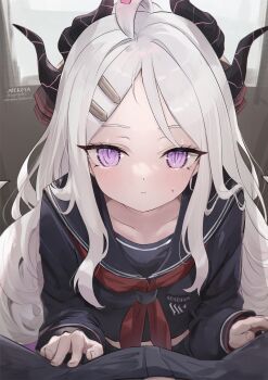 1boy 1girl absurdres ahoge alternate_costume artist_name black_sailor_collar black_serafuku black_shirt blue_archive closed_mouth collarbone commentary_request demon_girl demon_horns hair_ornament hairclip hetero highres hina_(blue_archive) horns long_hair long_sleeves looking_at_viewer neckerchief nekoya_(liu) parallel_hairclips parted_bangs pov purple_eyes purple_horns red_neckerchief sailor_collar sailor_shirt school_uniform serafuku shirt signature white_hair
