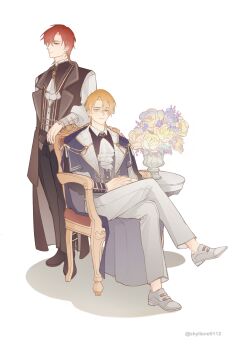 2boys absurdres alberu_crossman ascot black_pants blonde_hair blue_eyes brown_vest cale_henituse chair closed_mouth coat crossed_legs flower full_body green_eyes grey_vest highres long_sleeves looking_at_viewer lout_of_count&#039;s_family male_focus multiple_boys own_hands_together pants red_hair rose shirt shoes short_hair shyllene0112 simple_background sitting smile standing vase vest white_ascot white_background white_pants yellow_eyes yellow_flower yellow_rose