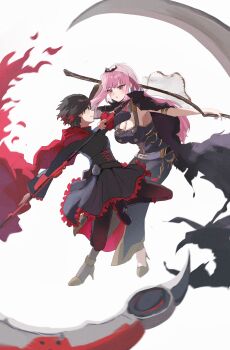 2girls absurdres belt black_belt black_cape black_dress black_footwear black_hair boots breasts brown_pantyhose cape cleavage collared_cape dress eye_contact eyes_visible_through_hair frilled_dress frilled_sleeves frills full_body high_heels highres holding holding_behind_back holding_scythe holding_weapon holding_weapon_behind_back hololive hololive_english huge_weapon knee_boots large_breasts long_hair long_sleeves looking_at_another mori_calliope mori_calliope_(1st_costume) multicolored_hair multiple_girls pantyhose parted_lips pink_eyes pink_hair profile red_hair ruby_rose rwby ryoha_kosako scythe shoes short_hair sleeveless sleeveless_dress small_breasts smile streaked_hair veil virtual_youtuber weapon white_background yellow_shoes