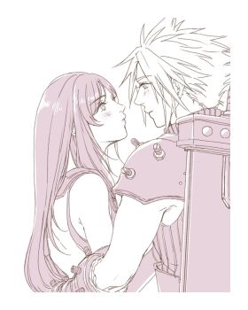 1boy 1girl armor bare_shoulders blush buster_sword cloud_strife earrings elbow_gloves eye_contact final_fantasy final_fantasy_vii final_fantasy_vii_remake from_behind gloves height_difference highres jewelry light_smile long_hair looking_at_another monochrome newwellie ribbed_sweater short_hair shoulder_armor sleeveless sleeveless_turtleneck smile spiked_hair stud_earrings sweater sword sword_on_back tank_top tifa_lockhart turtleneck turtleneck_sweater upper_body weapon weapon_on_back white_background white_tank_top