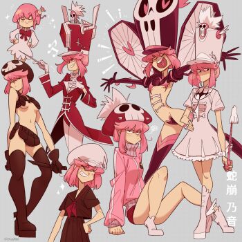 1girl absurdres age_comparison aged_down angry animal arm_at_side armlet baton beanie beret bib black_footwear black_gloves black_headwear black_serafuku black_shirt black_skirt blowing_bubble_gum blowing_bubbles blush blush_stickers bone boots bored bow bowtie breasts buruma candy cape character_name chewing_gum child closed_eyes commentary conductor conductor_baton contrapposto cowboy_shot dotted_background dress dutch_angle ears_visible_through_hair eighth_note elbow_gloves evil_grin evil_smile fake_horns feet food full_body gloves grey_background grin gutalalaman hair_between_eyes half-closed_eyes hand_on_own_hip hands_on_own_hips happy hat heart heart-shaped_pupils heart_in_mouth heart_maebari high_heel_boots high_heels highleg highleg_leotard highres holding holding_knife holding_weapon horned_headwear horns jacket jakuzure_nonon jakuzure_nonon_(symphony_regalia) japanese_text jewelry jitome kill_la_kill knee_boots knife layered_dress leotard long_skirt long_sleeves looking_to_the_side maebari midriff monkey motion_lines multiple_views musical_note navel neckerchief necktie neckwear_request nudist_beach_uniform open_mouth pink_buruma pink_gloves pink_hair pink_headwear pink_jacket pink_thighhighs pink_trim pleated_skirt pouch pout puffy_short_sleeves puffy_sleeves red_bow red_cape red_headwear red_leotard red_neckwear school_uniform serafuku shako_cap shirt short_hair short_sleeves sidelocks simple_background sitting skeleton skindentation skirt skull skull_print small_breasts smile socks sparkle speaker standing symbol-shaped_pupils teeth thigh_boots thighhighs track_jacket translated turtleneck underboob weapon white_dress white_footwear white_headwear white_neckwear white_shirt white_thighhighs winged_footwear winged_hat