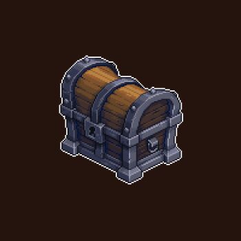 Rule 34 | brown background, chest (furniture), commentary, isometric, no humans, object focus, original, outline, pixel art, shilov (indieshilov), simple background, still life, treasure chest, white outline