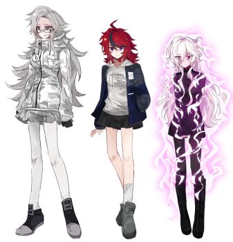 3girls adapted_costume ahoge aotsuki_eito black_boots black_gloves black_hair black_jacket black_pantyhose black_shoes black_skirt blue_eyes blue_jacket boots breasts burning chinese_commentary commentary_request eyes_visible_through_hair fire genderswap genderswap_(mtf) glasses gloves grey_hair grey_shoes grey_skirt hair_between_eyes hair_over_one_eye hand_in_pocket height_difference height_lineup highres hood hood_down hoodie jacket jacket_over_hoodie knee_boots long_hair long_sleeves medium_breasts miniskirt multicolored_hair multicolored_jacket multiple_girls open_clothes open_jacket own_hands_together pantyhose pink_eyes pink_fire pleated_skirt red_hair sanpaku shion_(hundred_line) shoes simple_background skirt sleeves_past_wrists socks streaked_hair sumino_takumi the_hundred_line_-last_defense_academy- two-tone_hair two-tone_jacket very_long_hair white_background white_hoodie white_jacket white_pantyhose white_socks xiaozzerxv1234567