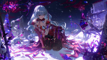 Rule 34 | 1girl, absurdres, bare shoulders, black pantyhose, blood, bloody tears, braid, chinese commentary, collarbone, commentary request, detached sleeves, dress, flower, grey eyes, grey hair, halter dress, halterneck, hand on own arm, happypuppy, heterochromia, highres, long hair, low twin braids, pantyhose, partial commentary, phrolova (wuthering waves), red dress, red eyes, single detached sleeve, solo, spider lily, twin braids, wuthering waves