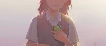 Rule 34 | 1girl, bridge, brown eyes, brown hair, brown sweater vest, cellphone, collared shirt, commentary request, flip phone, gekota, head out of frame, highres, holding, holding phone, medium hair, misaka mikoto, outdoors, phone, ryowithtt, school emblem, school uniform, shirt, short sleeves, smile, solo, summer uniform, sweater vest, toaru kagaku no railgun, toaru majutsu no index, tokiwadai school uniform, v-neck, white shirt