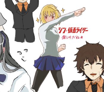 Rule 34 | 1boy, 1girl, ahoge, ai deha nai, ando yuugo, arcueid brunestud, arm up, black hair, black jacket, blonde hair, blush, blush stickers, clenched hand, commentary request, drawpile (medium), facing viewer, fighting stance, frown, hair intakes, henshin pose, jacket, kamen rider, necktie, orange shirt, outstretched arm, red eyes, shirt, short hair, sparkle, standing, sweat, sweater, tsukihime, tsukihime (remake), turtleneck, turtleneck sweater, white sweater