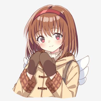 1girl absurdres angel_wings blush brown_hair brown_mittens closed_mouth coat cropped_torso fake_wings grey_hair hair_between_eyes hairband hands_up happy highres hood hood_down kanon long_sleeves looking_at_viewer mittens own_hands_together plaid_clothes plaid_sleeves red_eyes red_hairband setteiset short_hair simple_background smile solo tsukimiya_ayu upper_body white_background white_wings wide_sleeves wings yellow_coat