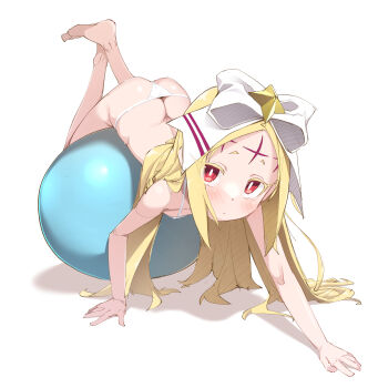 1girl absurdres ass ball bare_shoulders barefoot bikini blonde_hair blush bow breasts closed_mouth covered_erect_nipples exercise_ball facial_mark forehead forehead_mark hair_bow highres loli long_hair looking_at_viewer mahou_shoujo_ni_akogarete micro_bikini morino_korisu nekono_matatabi nero_alice parted_bangs red_eyes side-tie_bikini_bottom small_breasts solo string_bikini swimsuit white_bikini