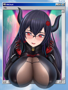 1girl absurdres against_fourth_wall artist_name black-framed_eyewear black_bodysuit black_eyeshadow black_gloves black_hair black_horns bodysuit breasts bright_pupils character_name cleavage clover_hair_ornament colored_inner_hair comdost_(vtuber) commentary copyright_name covered_erect_nipples double-parted_bangs eyeshadow four-leaf_clover_hair_ornament glasses gloves hair_between_eyes hair_ornament highres horns icon_(computing) indie_virtual_youtuber large_breasts long_hair makeup microsoft_windows multicolored_hair over-rim_eyewear parted_lips pixel_text rainbow_hair red_eyes red_gloves red_hair see-through_cleavage see-through_clothes semi-rimless_eyewear solo streaked_hair through_medium through_screen two-tone_gloves upper_body virtual_youtuber vrchat white_pupils window_(computing) windows_98 windows_classic zask