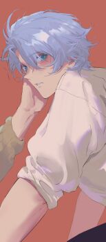 2boys antenna_hair bangpingguo black_pants blue_eyes blush hand_on_another's_face hashtag-only_commentary highres honkai:_star_rail honkai_(series) male_focus multiple_boys mydei_(honkai:_star_rail) pants parted_bangs phainon_(honkai:_star_rail) shirt short_hair sleeves_rolled_up solo_focus white_hair white_shirt yaoi