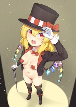 1girl :d akasaka_sato black_background black_boots black_hat black_jacket black_thighhighs blonde_hair blush boots bow bowtie breasts cane collar collarbone commentary_request covered_erect_nipples crystal_wings fangs flandre_scarlet from_above gloves hand_on_headwear hat hat_bow hat_ribbon heart_pasties highres holding holding_cane jacket light_particles lips long_sleeves looking_up medium_breasts medium_hair multicolored_wings naked_jacket navel open_mouth pasties red_bow red_bowtie red_eyes ribbon slit_pupils smile solo spotlight stomach thighhighs thighs tongue top_hat touhou vertical-striped_ribbon white_collar white_gloves wings