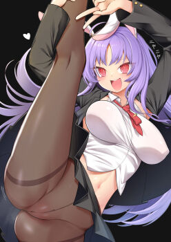 1girl @_@ absurdres animal_ears arms_up black_background black_border black_jacket black_skirt border breasts brown_pantyhose carrot_pin commentary_request crop_top crotch_seam doyagao floating_hair harunoha highres jacket kneepits long_hair long_sleeves looking_at_viewer medium_breasts midriff navel necktie no_panties open_mouth pantyhose parted_bangs pleated_skirt purple_hair rabbit_ears rabbit_girl raised_inner_eyebrows red_necktie reisen_udongein_inaba ringed_eyes shirt short_necktie simple_background skirt smile smug solo split standing standing_on_one_leg standing_split striped_clothes teeth touhou underwear upper_teeth_only v very_long_hair white_shirt