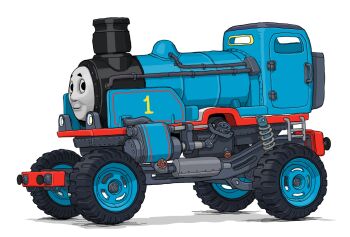 commentary_request from_side gatling_santouhei highres ladder locomotive looking_at_viewer motor_vehicle no_humans shadow simple_background smile smoke smokestack solo steam_locomotive suspension thomas_the_tank_engine thomas_the_tank_engine_(series) valve vehicle_focus what wheel white_background