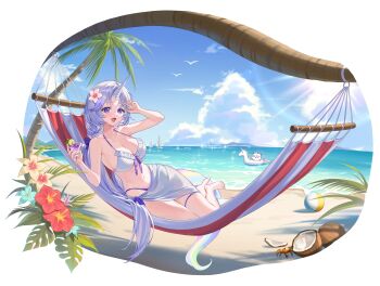 1girl absurdres aqua_flower arnyang_(ayatsuno_yuni) ayatsuno_yuni ball beach beachball bikini bikini_ribbon blue_sky breasts cleavage cloud cocktail cocktail_glass coconut commentary cup day drinking_glass flower frilled_bikini frills grey_hair hair_flower hair_ornament hammock hand_up highres holding holding_cup horizon innertube large_breasts long_hair mond_sl multicolored_tail navel ocean on_hammock open_mouth orange_flower outdoors palm_tree purple_eyes purple_ribbon reclining red_flower ribbon sand sarong simple_bird sky smile solo sparkle stellive stomach sun sunlight swim_ring swimsuit symbol-only_commentary tail thigh_strap tree unicorn_horn very_long_hair virtual_youtuber white_bikini white_flower white_sarong